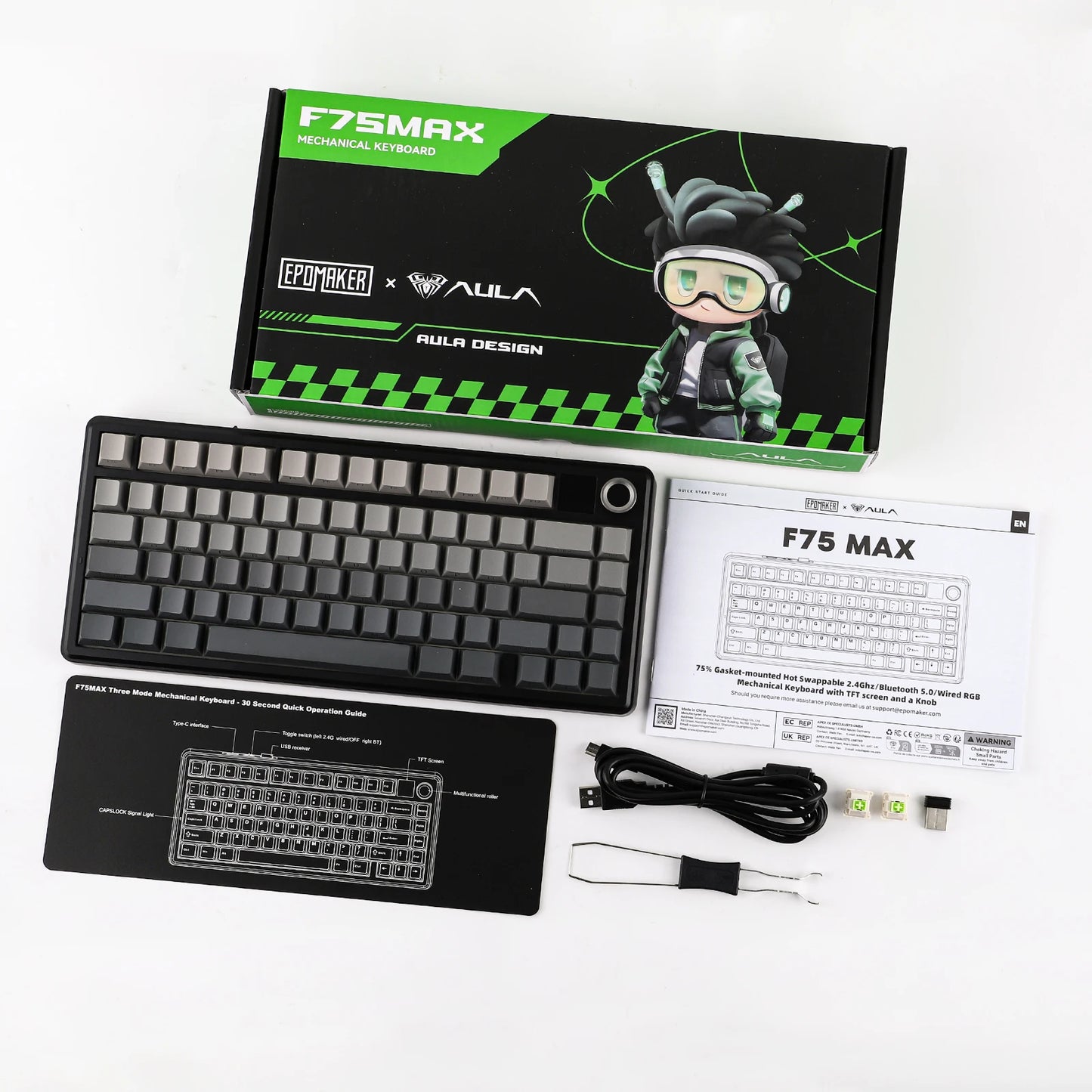 Teclado mecânico sem fios EPOMAKER X AULA F75 MAX Compact 75% ANSI Layout com ligação com fios/Bluetooth/2.4GHz, ecrã TFT e botão rotativo