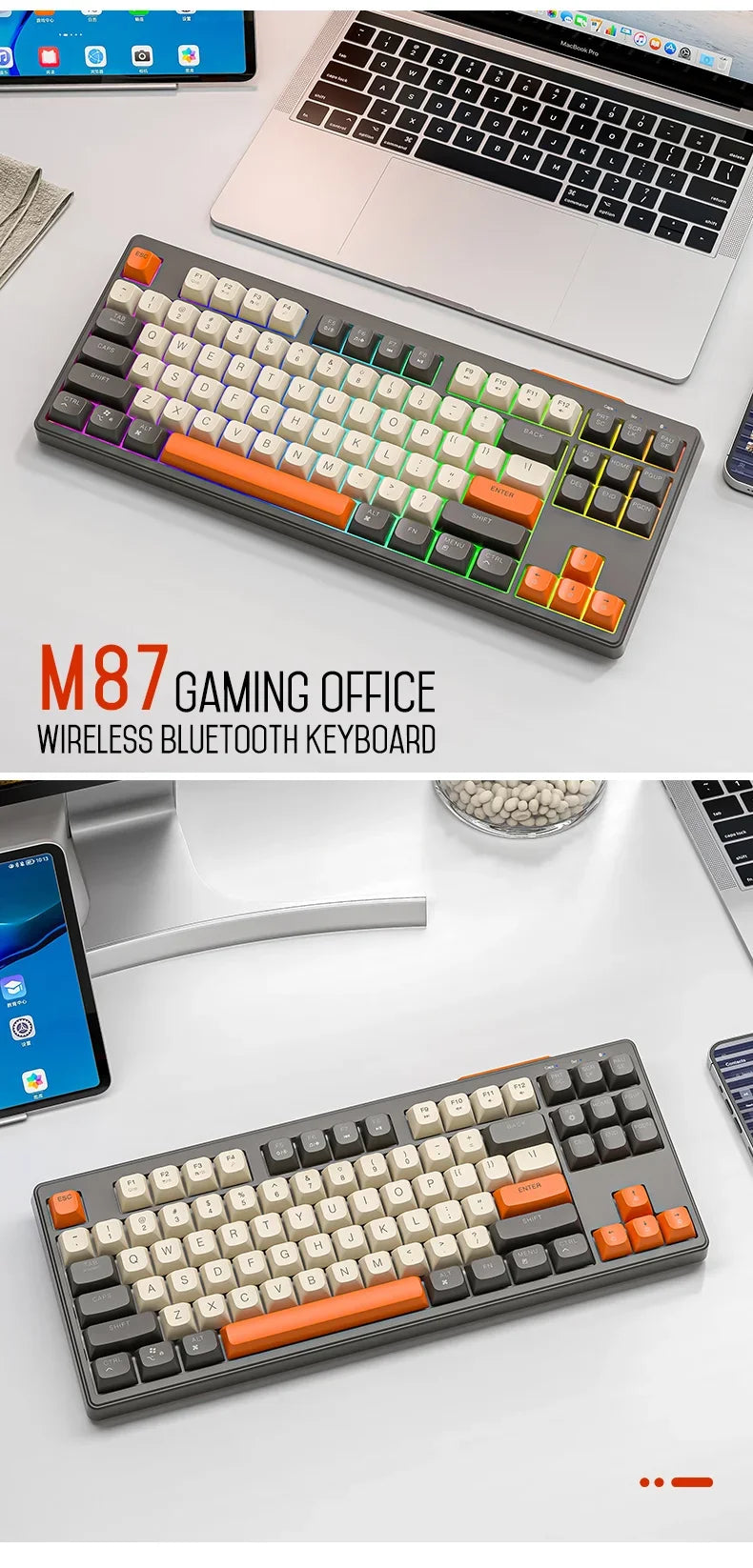 Teclado M87 Sem Fios Bluetooth de Modo Duplo, Sensação Mecânica para Gaming e Escritório, Silencioso, Teclas PBT Ball Cap, Luz Arco-Íris
