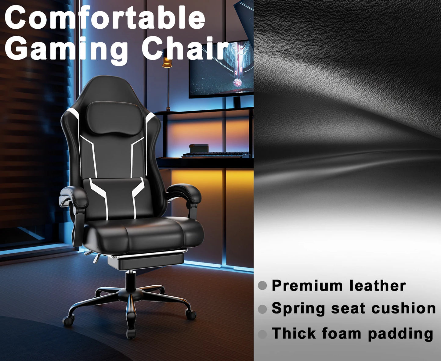 Ergonomic Gaming Chair, Electronic Gaming Chair With Pocket Spring Pad And Footrest, Height Adjustable Computer Chair