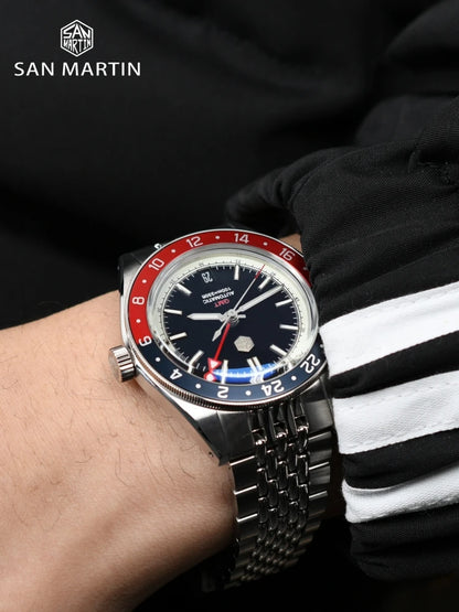 Orologio da uomo automatico San Martin 39.5mm Limited Edition con quadrante Full Lume, NH34 GMT, data a ore 6, 10Bar, Kol Saati di lusso SN0116W