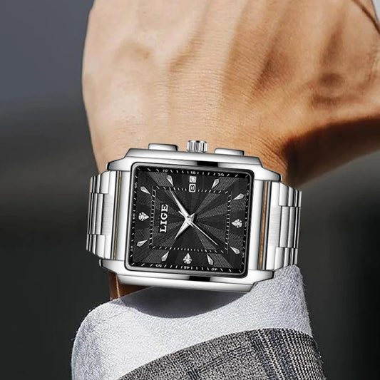 Montre pour homme LIGE – Style militaire et tendance, boîtier carré, chronographe à quartz, étanche, marque de luxe