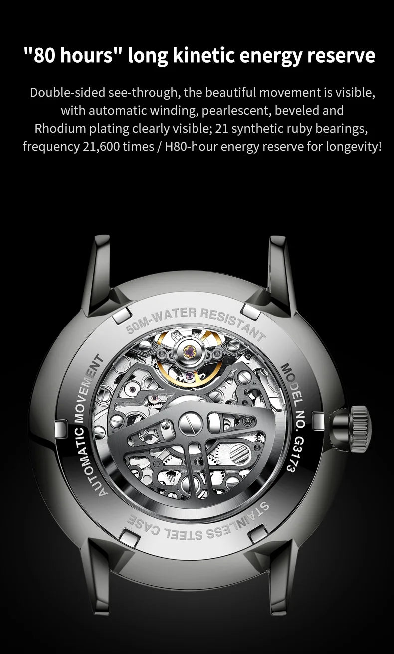 OUPINKE 3173 Skeleton Automatic Mechanical Watch Luxury Brand 50M Waterproof Watch Leather Strap Mens Watch Box Gifts Reloj