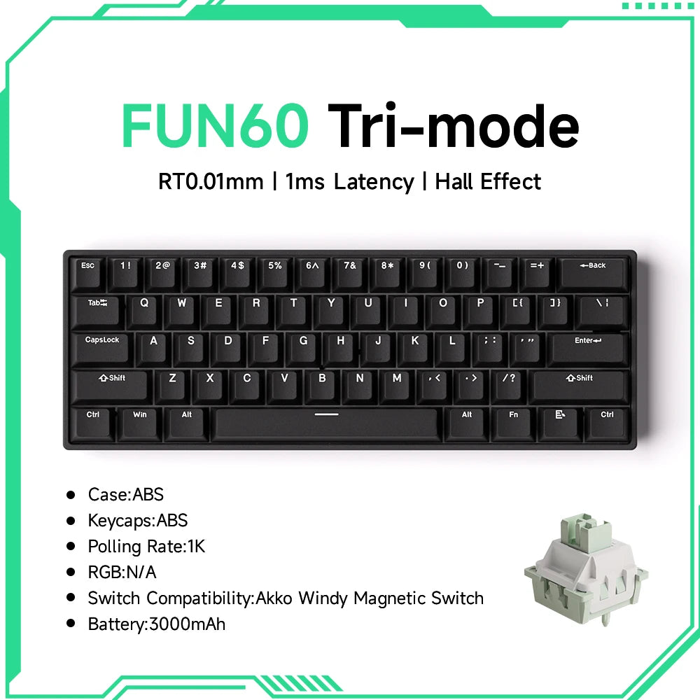 Teclado Mecânico Akko MonsGeek FUN60 com Switch Magnético, 60%, Teclado Gaming, Rapid Trigger 0.01mm, 8K, ARGB, HE/TMR, Teclado Personalizado