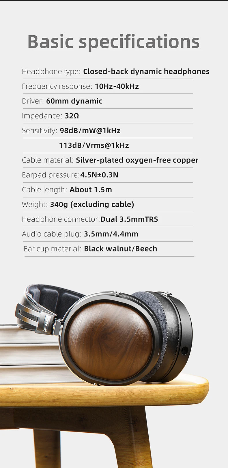 FiiO FT1 Professional Wired HiFi Monitor Headphones – North American Walnut Over-Ear Dynamic Stereo Headset with Leather & Metal Build