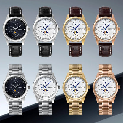 BERNY Men's Watch Date Weeks Moon Phase Quartz Watches for Men Stainless Steel Leather Strap Business Wristwatch Male Clock