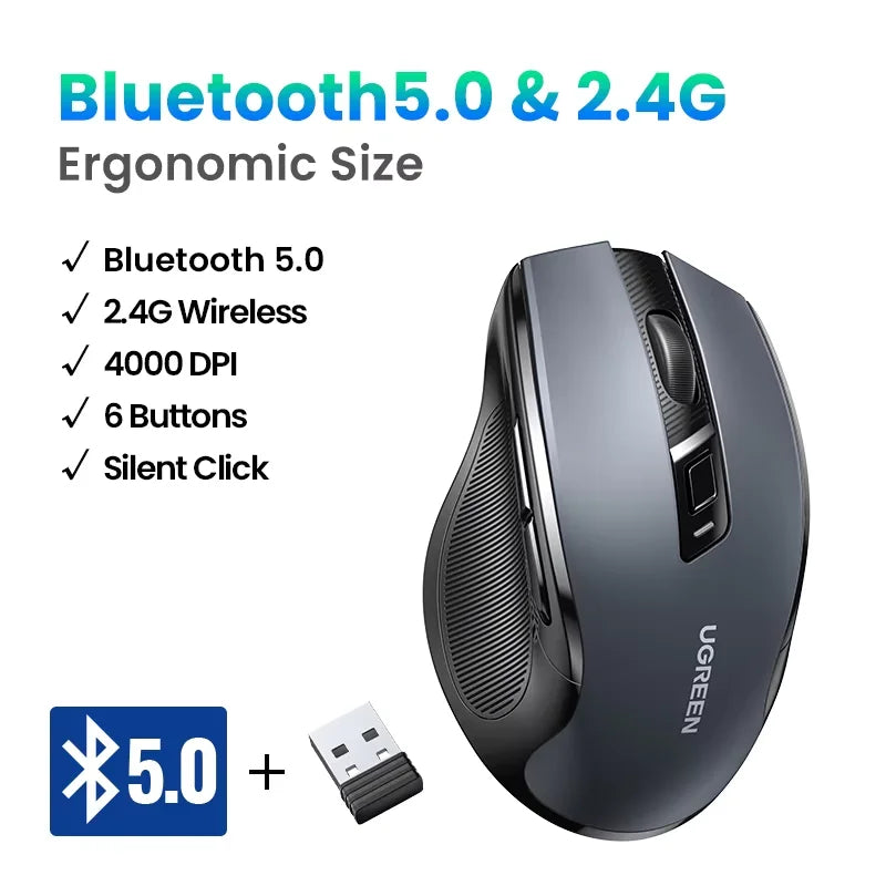 UGREEN kabellose Maus Bluetooth 5.0, ergonomische Maus 4000DPI mit 6 leisen Tasten, für MacBook, Tablet, Laptops, Computer, PC, 2.4G-Maus