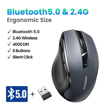 Mouse wireless UGREEN Bluetooth 5.0 ergonomico 4000DPI con 6 pulsanti silenziosi, per MacBook, tablet, laptop, computer e PC, mouse 2.4G