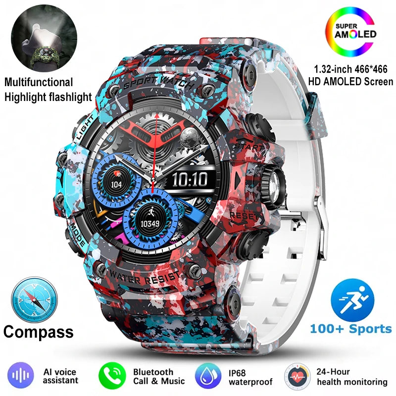 New Military Sports Smart Watch Men 100+ Sports Outdoor Fitness Compass Heart rate BT Call Waterproof Smartwatch For iOS Android