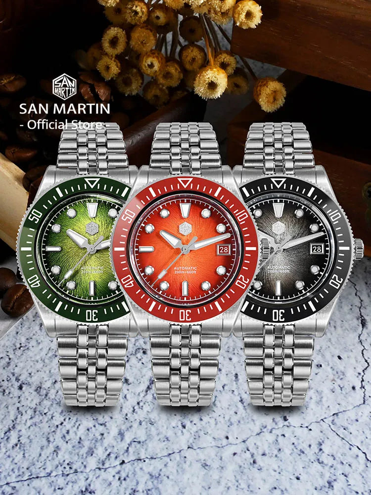 San Martin 40mm Luxus-Taucheruhr für Herren, Miyota 9015, Sunburst-Emaille-Zifferblatt, automatische mechanische Armbanduhr, wasserdicht bis 200m, SN0148