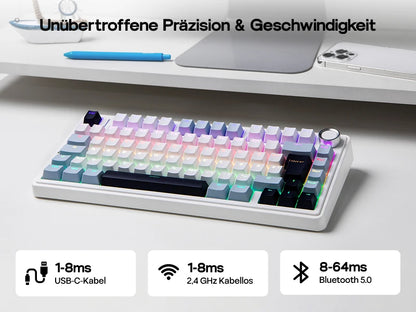 Teclado mecânico sem fios EPOMAKER x AULA F75 ISO-DE com conectividade tri-modo, layout alemão QWERTZ e bateria de 4000 mAh