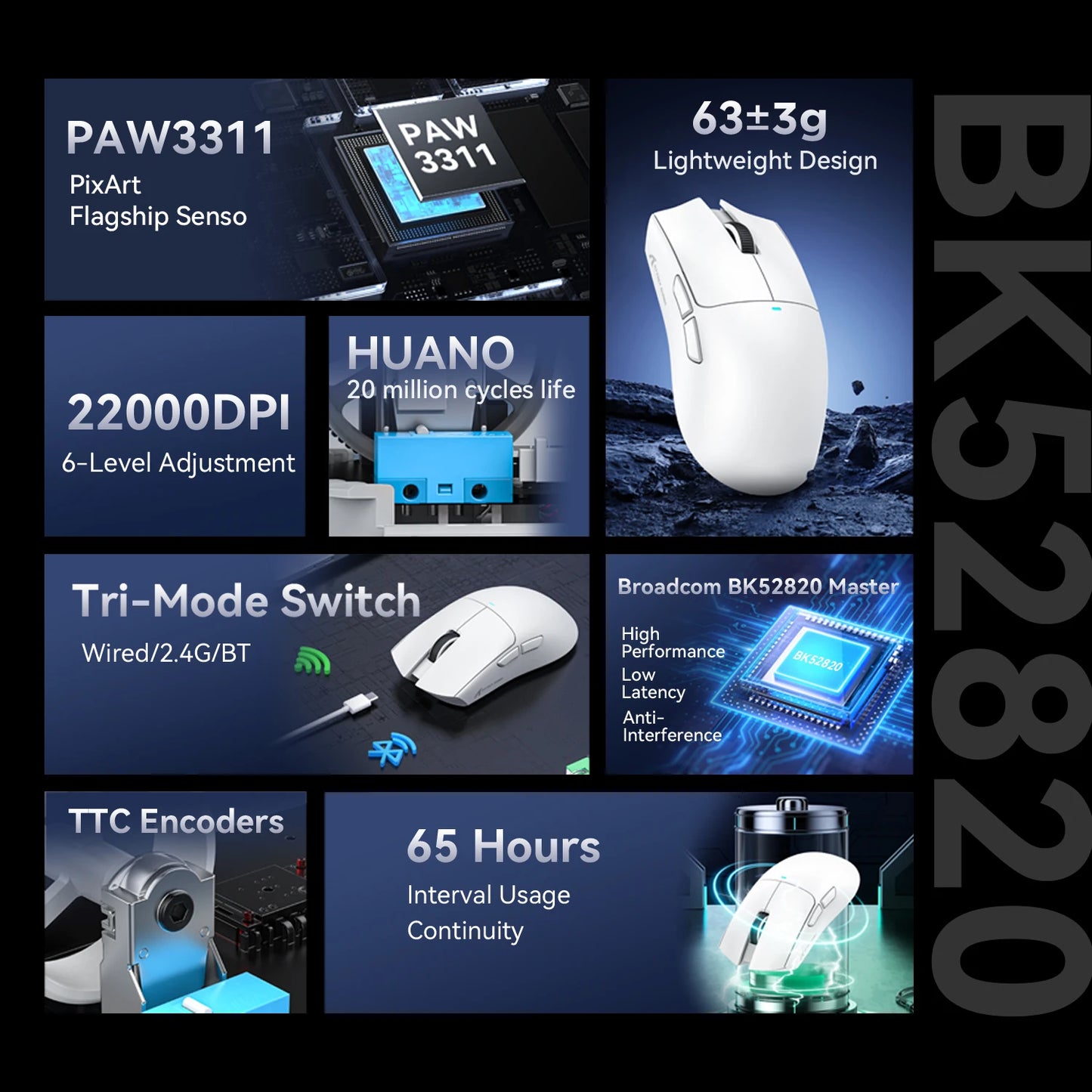 Mouse da gaming ATTACK SHARK X11 e mouse wireless X11 SE 22000 DPI, sensore PAW3311, BT/2.4G/cablato, ultraleggero 59g, 2000W clic