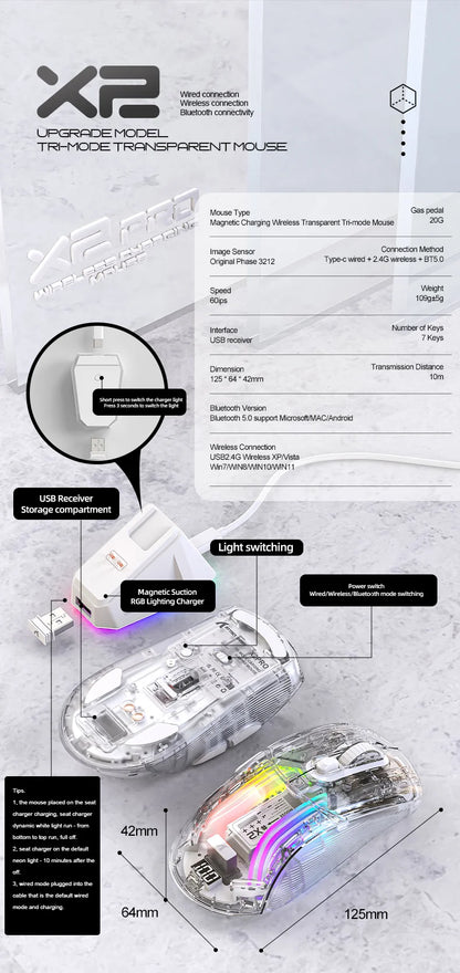 Attack Shark X2PRO Bluetooth Mouse, Tri-Mode, RGB Lights, Magnetic Charging, Transparent, Battery Indicator, Computer Phone
