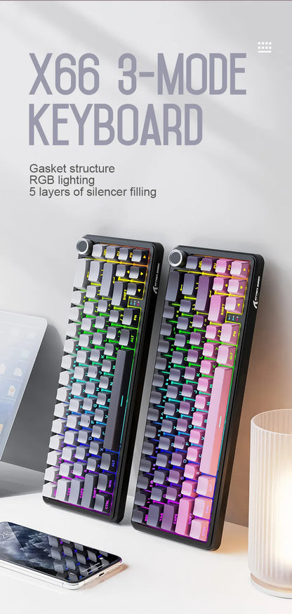 Attack Shark X66 Kabellose mechanische Tastatur 65% Kompaktlayout RGB-Hintergrundbeleuchtung Gasket Hot Swap Bluetooth USB-C PBT großer Akku
