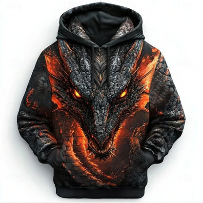 Herren-Hoodie mit Retro-Drachenmuster, 3D-Print, kreativem Design, langen Ärmeln, lässiger Pullover, modisch, cool, Oversize, atmungsaktive Kleidung