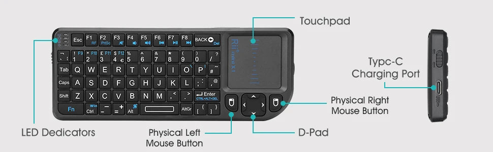 Teclado Mini Sem Fios Original Rii X1 2.4GHz Inglês/RU/ES/FR com TouchPad para Android TV Box/PC/Portátil