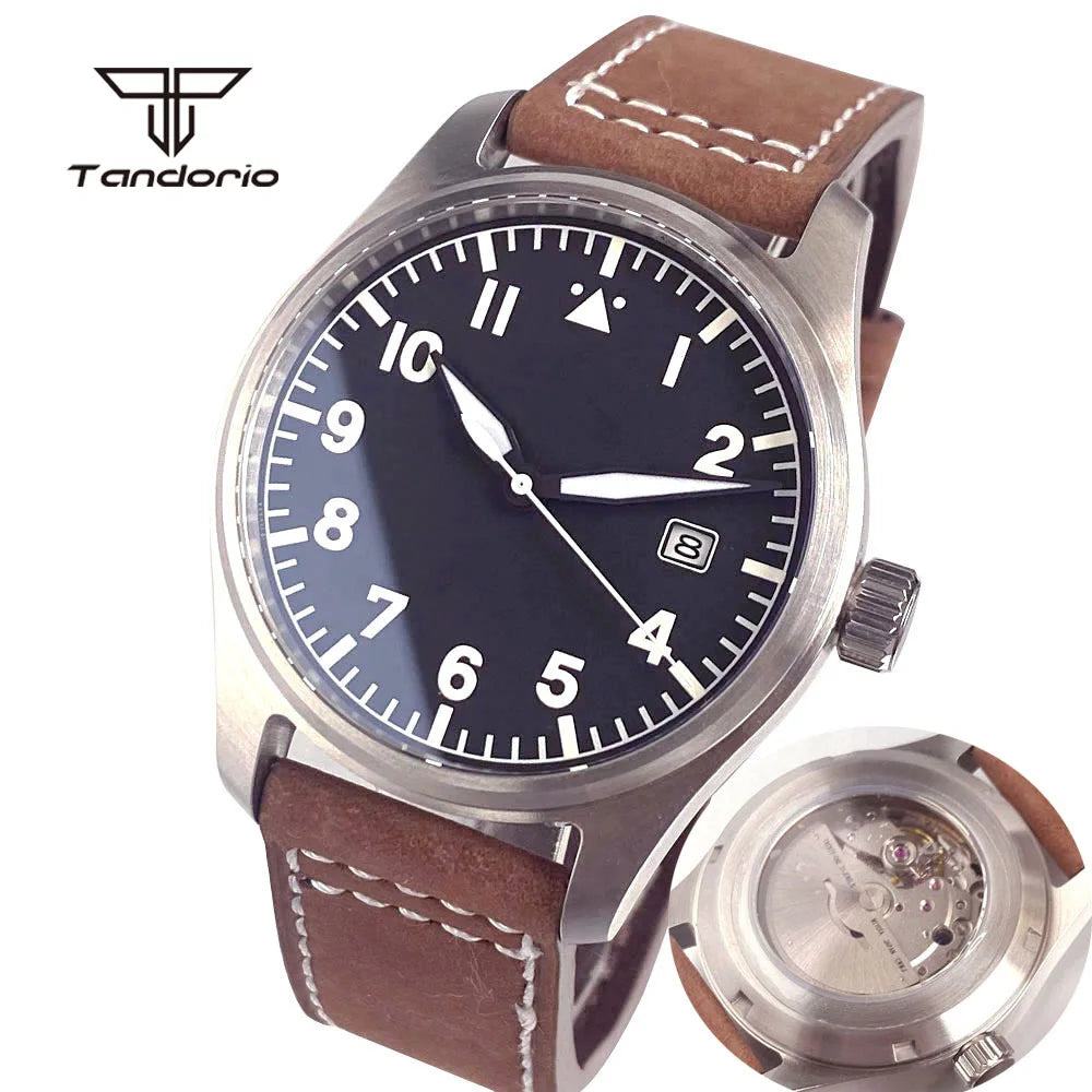 Tandorio 39mm Pilot Men's Diving Automatic Watch AR Sapphire Miyota8215/PT5000 Movt Mechanical Steel Wristwatch 20BAR Green Lume
