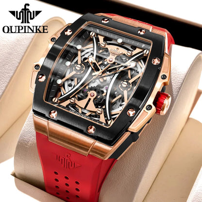 Relógio masculino OUPINKE clássico de luxo com mostrador tonneau, marca de topo, original, automático mecânico, bracelete em silicone e vidro de safira, novo