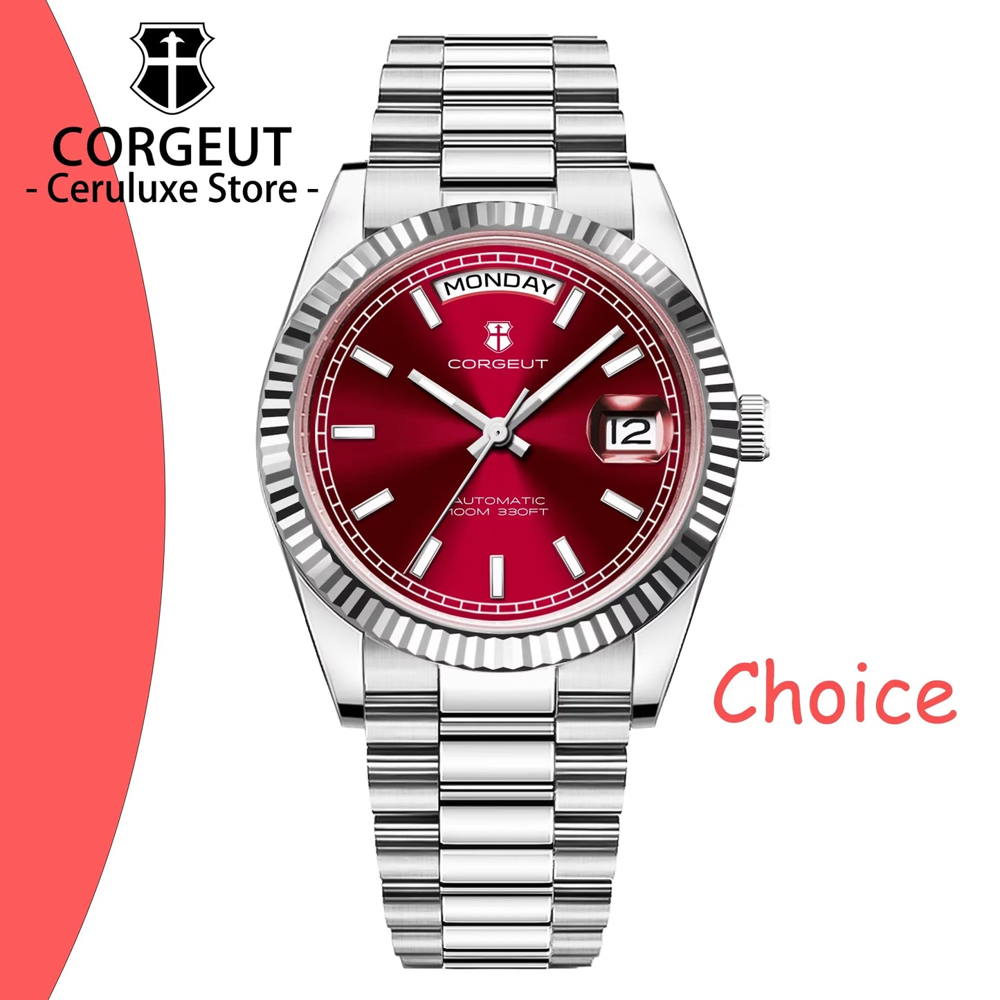 Orologio meccanico da uomo CORGEUT NH36 con indicazione di giorno e data, bracciale President, cassa in acciaio, lunetta arcuata filettata, impermeabile