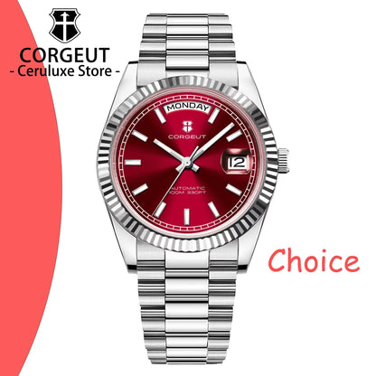 Orologio meccanico da uomo CORGEUT NH36 con indicazione di giorno e data, bracciale President, cassa in acciaio, lunetta arcuata filettata, impermeabile