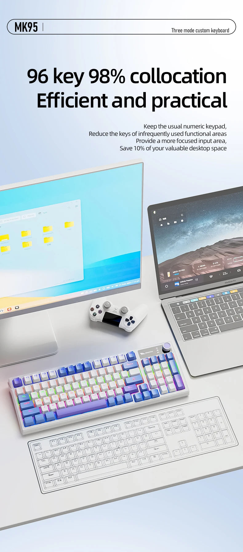 SMAILWOLF MK95 Bluetooth 무선 한국어 맞춤형 기계식 키보드 e-스포츠 3 모드 노트북 오피스 게임 풀 키 핫 스왑 가능 RGB 조명 효과