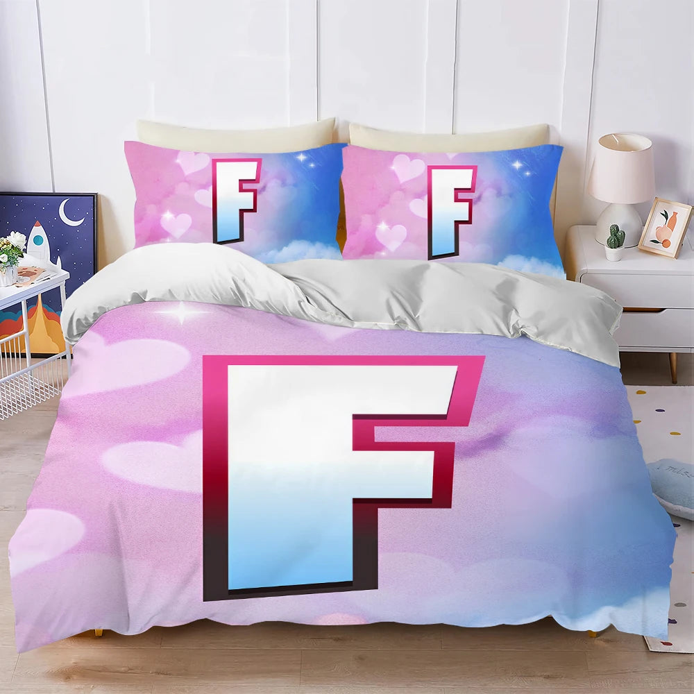 Battle Game F-Fortnite Bettbezug-Set, weich gewaschen, 3-teilig, sommerlich komfortabel, für Studentenwohnheim, Zuhause und Babybettwäsche, Bestseller