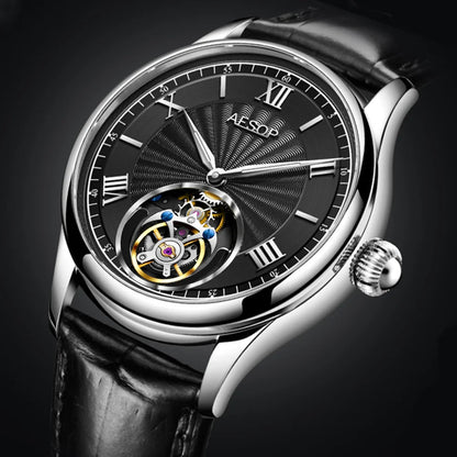 AESOP Mens Mechanical Wristwatches Flying Tourbillon Movement Skeleton Watch for Men Man Luxury Clocks Real Tourbillon Watch