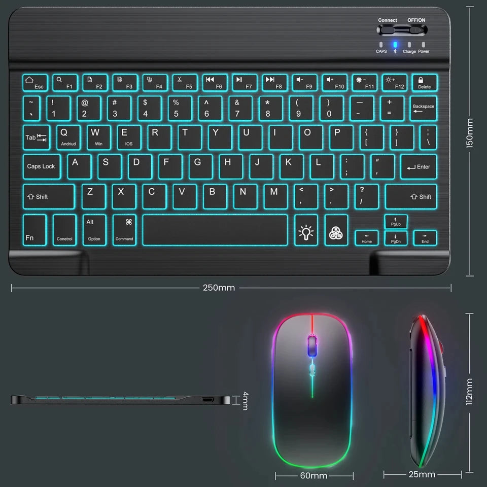 Mini teclado Bluetooth RGB retroiluminado de 10 polegadas com rato sem fios recarregável para espanhol, russo, hebraico, coreano, francês, árabe e português de Portugal