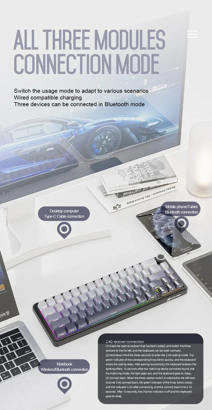 Attack Shark X66 Kabellose mechanische Tastatur 65% Kompaktlayout RGB-Hintergrundbeleuchtung Gasket Hot Swap Bluetooth USB-C PBT großer Akku
