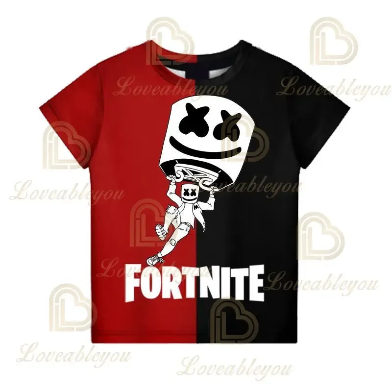 T-shirt infantil de verão Cartoon Fortnite com impressão 3D, para meninos e meninas, estilo streetwear, roupa para adultos e crianças, t-shirt divertida com gola redonda