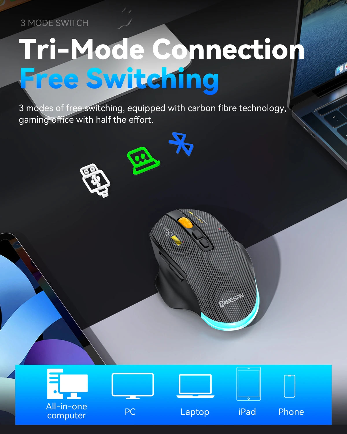 12800 DPI 2.4G Wireless Bluetooth Wired Tri-mode Mouse Mute Button Macro Programming Carbon Fiber Gaming Mouse 500mAh 7 Keys