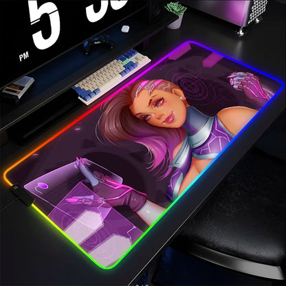 Геймърски пад за мишка и клавиатура Overwatch Sombra, подложка за бюро с LED RGB, гумен килим за мишка, kawaii mousepad за ноутбук