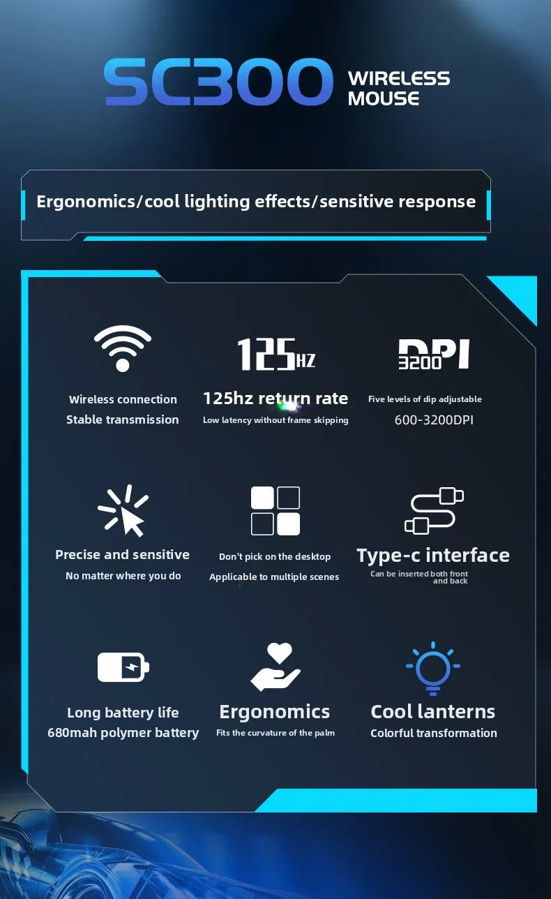 2025 Uutuus SC300 langaton 2.4G RGB-pelihiiri, 3200dpi, ladattava hiljainen mekaaninen e-urheilihiiri pöytäkoneelle ja kannettavalle tietokoneelle