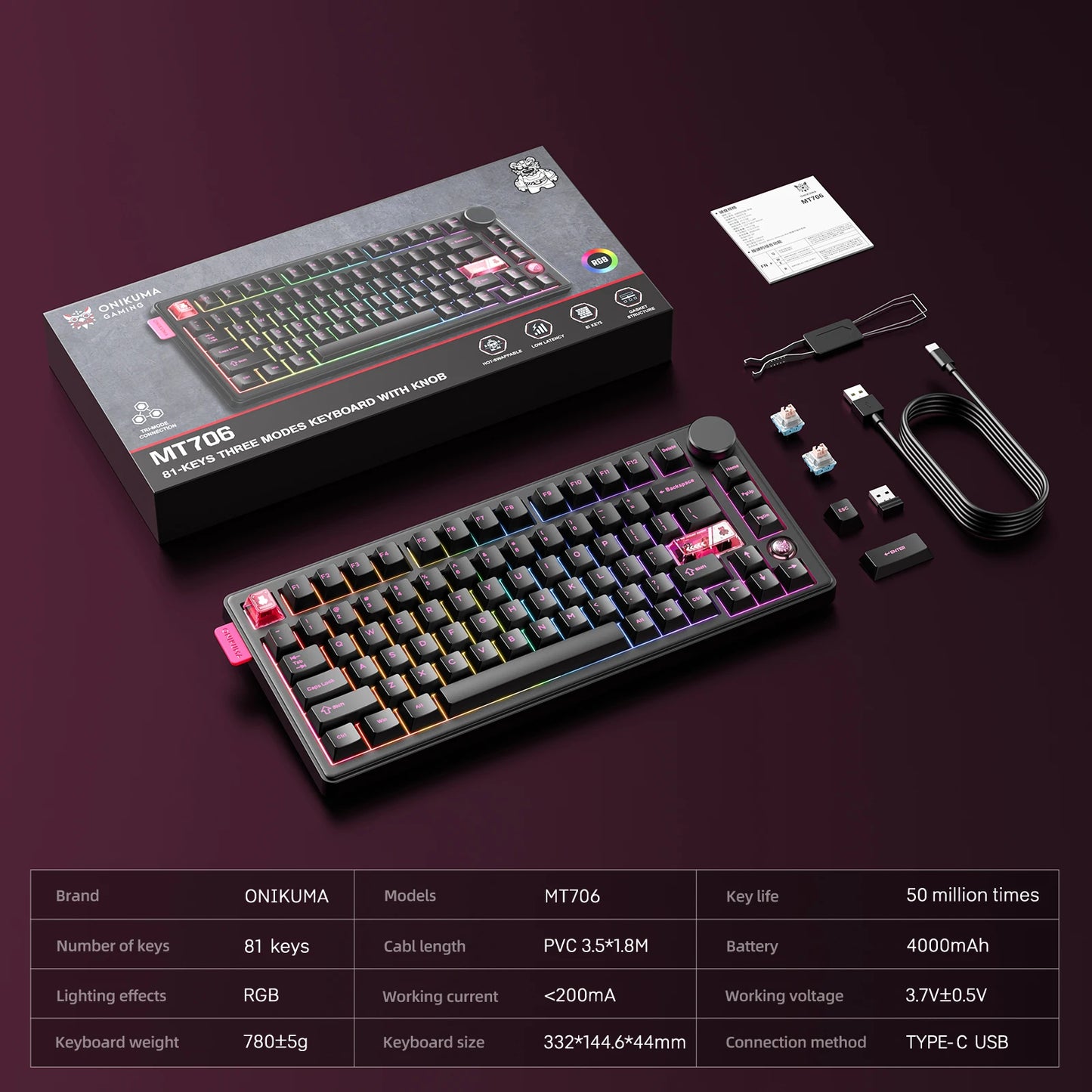 Onikuma 2025 New Mt706 RGB Gaming Mechanical Keyboard 2.4g/ Wired/Bt, 81-Key PBT RGB Gaming Keyboard