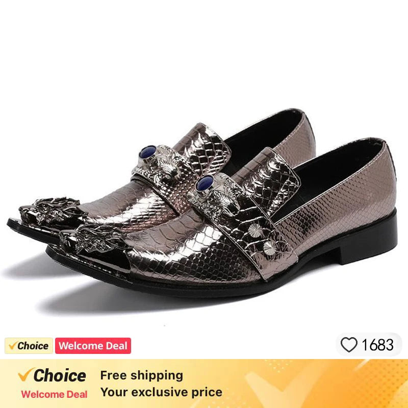 Men Luxury White Gold Metal Toe Oxford Elegant Loafers Slip On Dress Shoes Formal Wedding Party PU Leather Shoes Size 38-46