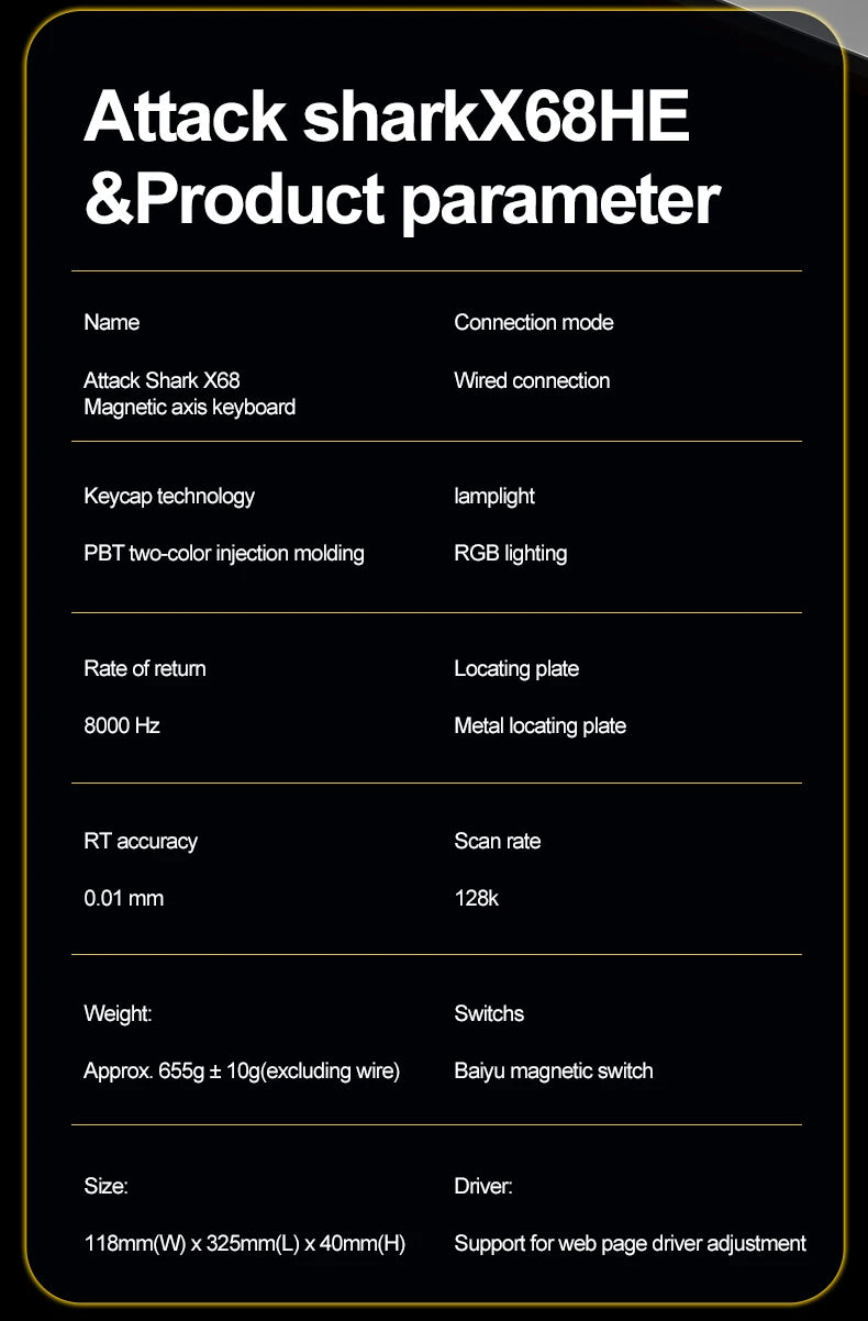 X68HE ATTACK SHARK X68PRO Magnetic Gaming Keyboard Mechanical Wired 0.01mm Rapid Trigg 8000Hz SOCD/Rs 0.125ms 128K Rate