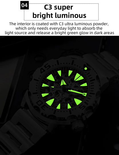 ADDIESDIVE luxury men's skeleton automatic watch sapphire glass BGW9 luminous diver's watch 200m men analog mechanical watches