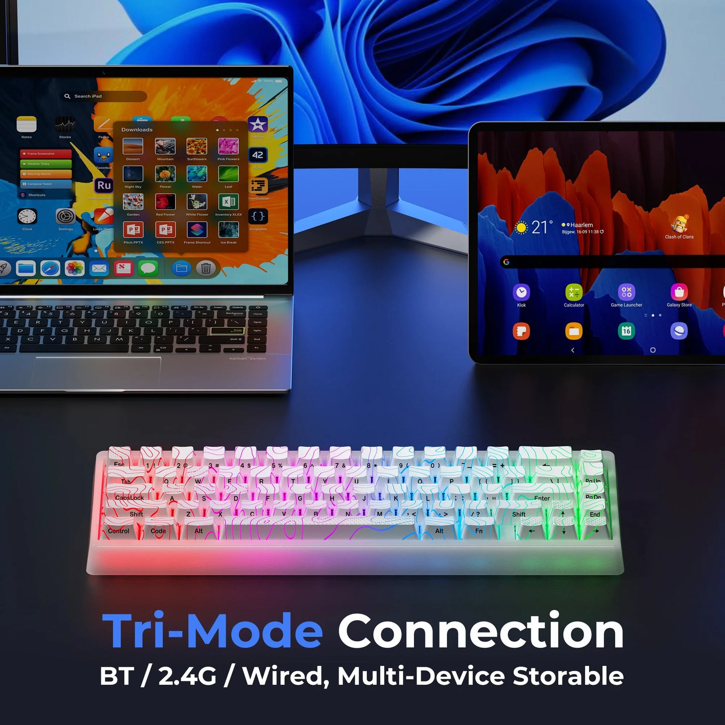 Teclado Mecânico Sem Fios XVX M67 JadeStone com Teclas IMD-Tech Tri-Mode, Teclado Gamer Branco Topographic com Design Gasket