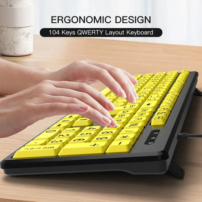 Wired Keyboard Yellow Large Character Keyboard for Elderly, High Compatibility USB Plug-and-Play Large Key Design, High Contrast
