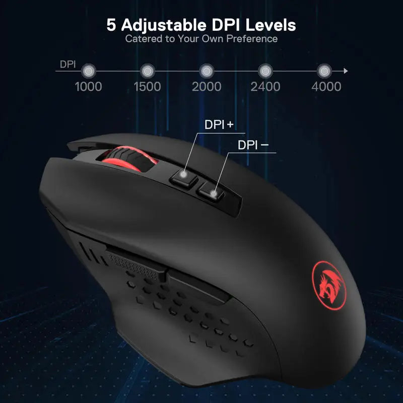 Mouse de gaming wireless Redragon M656 Gainer, 4000 DPI, 2.4Ghz, mouse wireless pentru gameri cu 5 niveluri DPI, 7 butoane macro, iluminare roșie LED