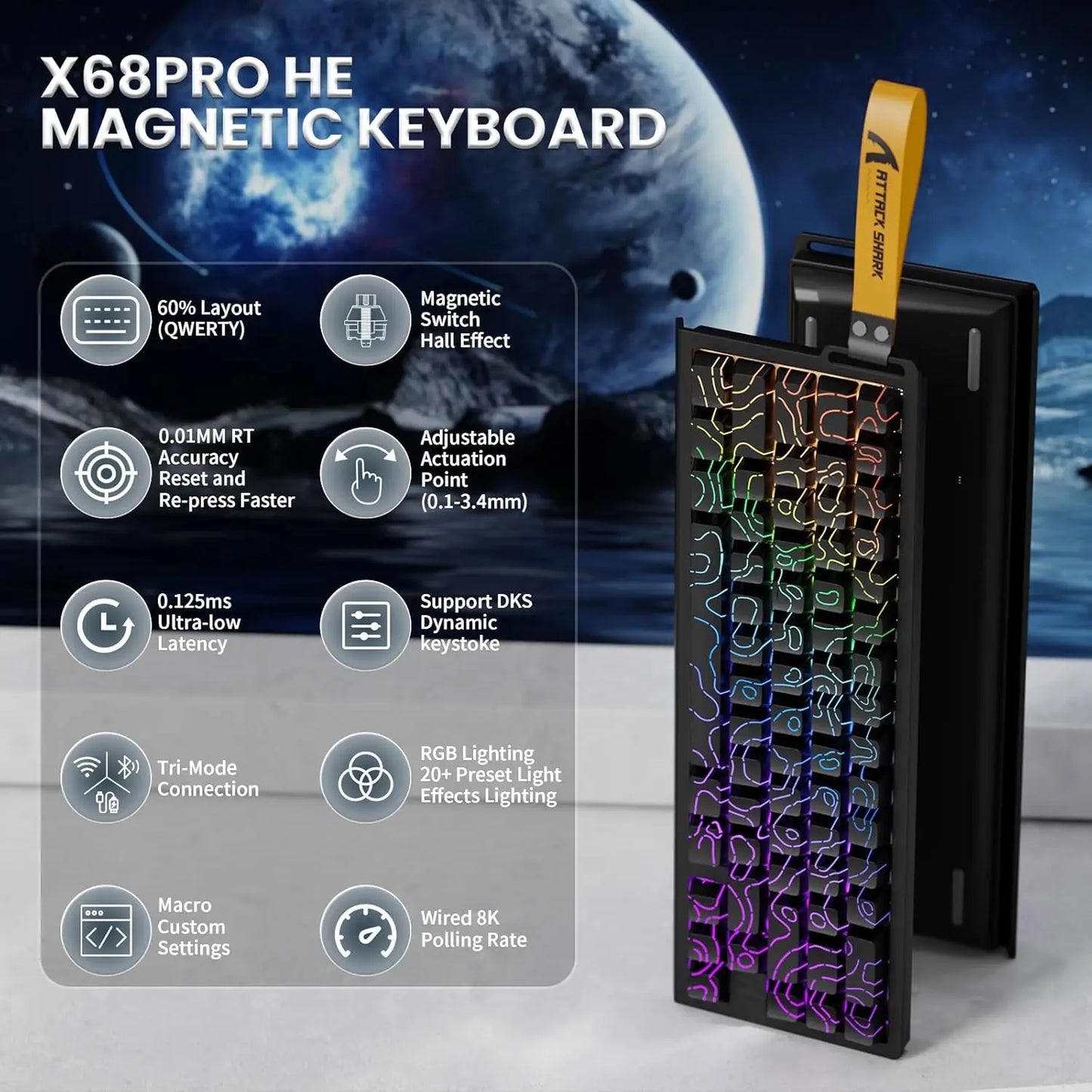 ATTACK SHARK X68PRO HE 60% Wireless Rapid Trigger Gaming Keyboard, Adjustable Actuation, 8K, Hall Effect Magnetic Switch, Tri-mode