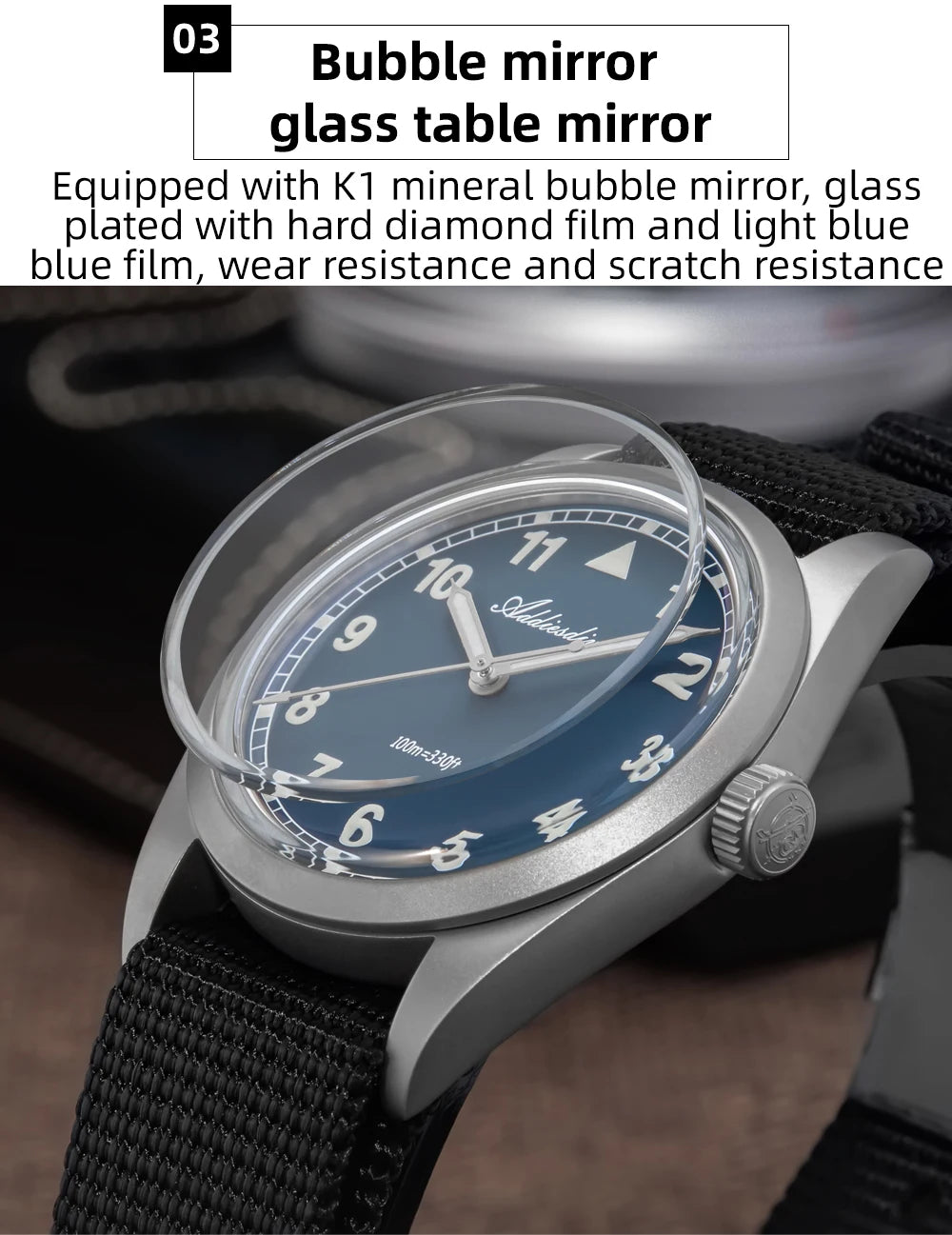 Orologio analogico da uomo ADDIESDIVE 36mm con vetro a specchio bombato, impermeabile 100m, luminoso, semplice, al quarzo, con cinturino in nylon
