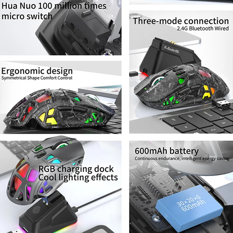 Mouse da gaming leggero Lenovo Tri-Mode con dock di ricarica RGB 12000DPI 2.4G/Bluetooth/cablato mouse ergonomico per PC laptop