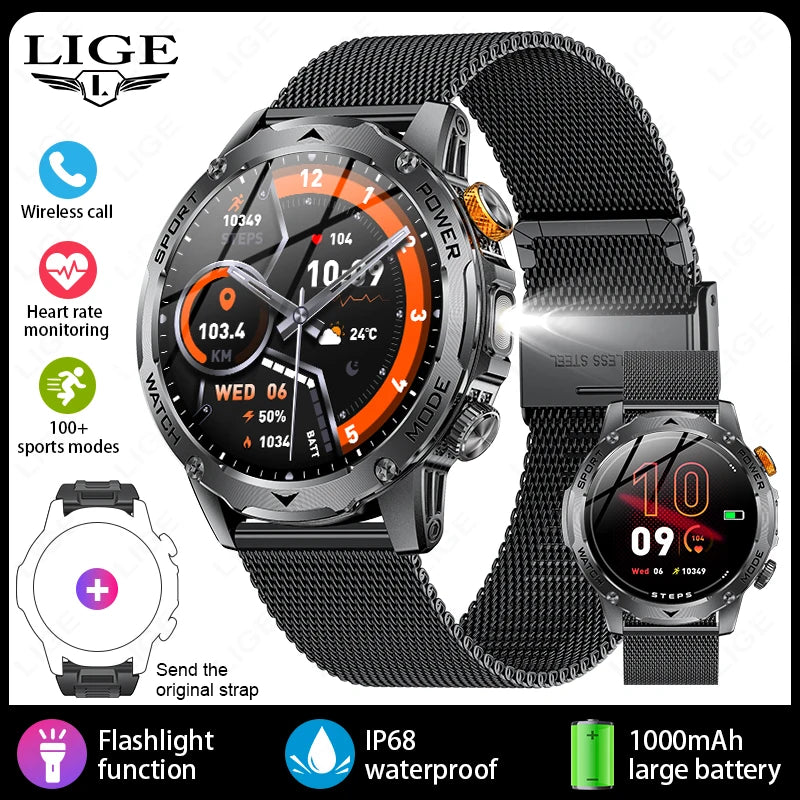 LIGE New Smart Watch Men 1000mAh Large Capacity Battery Outdoor Flashlight Bluetooth Call Waterproof Sport Fitness Smartwatch