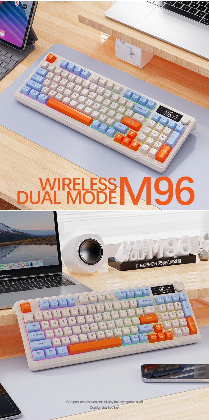 M96 Bluetooth Keyboard Wireless FREEWOLF Screen Gaming Keyboard, Electronic Screen, Multi-Device Connection, Ergonomics Gaming