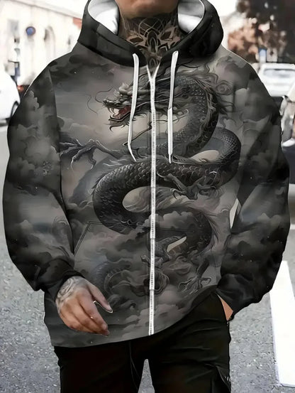 Herren-Hoodie mit Drachenprint und Reißverschluss, Kordelzug, langen Ärmeln, Oversize-Passform, für Outdoor-Aktivitäten und Reisen, Herbst/Winter