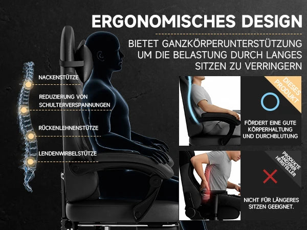 PINGGO Ergonomischer Gaming-Stuhl mit Fußstütze und Massagefunktion, PVC-Leder-Bürostuhl für PC-Gaming, Belastbarkeit 150kg