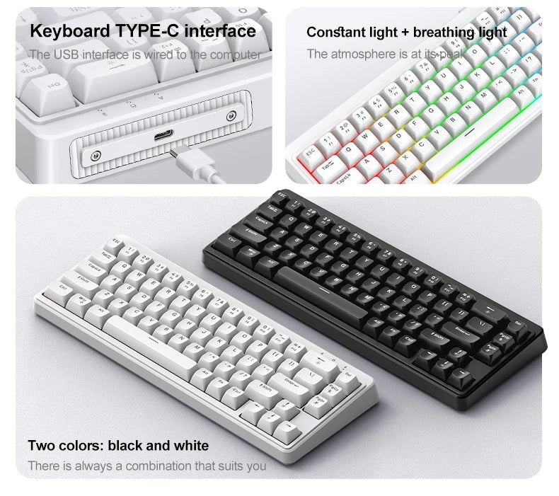 FREEWOLF M68SE 68% Mini Wired Keyboard RGB Backlit Silent Mechanical Feel Type-C Detachable Cable for PC Mac