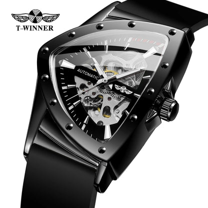 WINNER High Quality Watch for Men Triangle Steel Skeleton Mechanical Automatic Movement Clockwork Waterproof Rubber strap Wrist