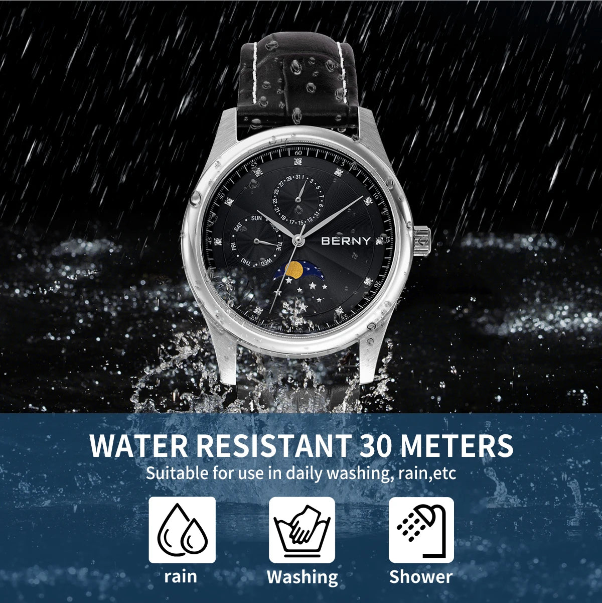 BERNY Men's Watch Date Weeks Moon Phase Quartz Watches for Men Stainless Steel Leather Strap Business Wristwatch Male Clock