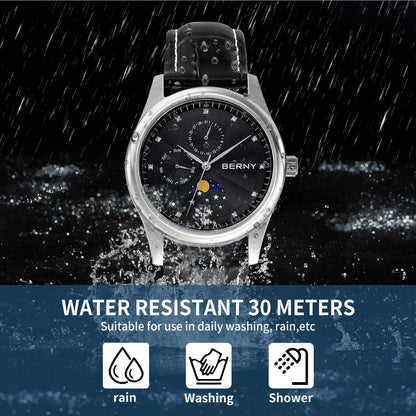 BERNY Men's Watch Date Weeks Moon Phase Quartz Watches for Men Stainless Steel Leather Strap Business Wristwatch Male Clock